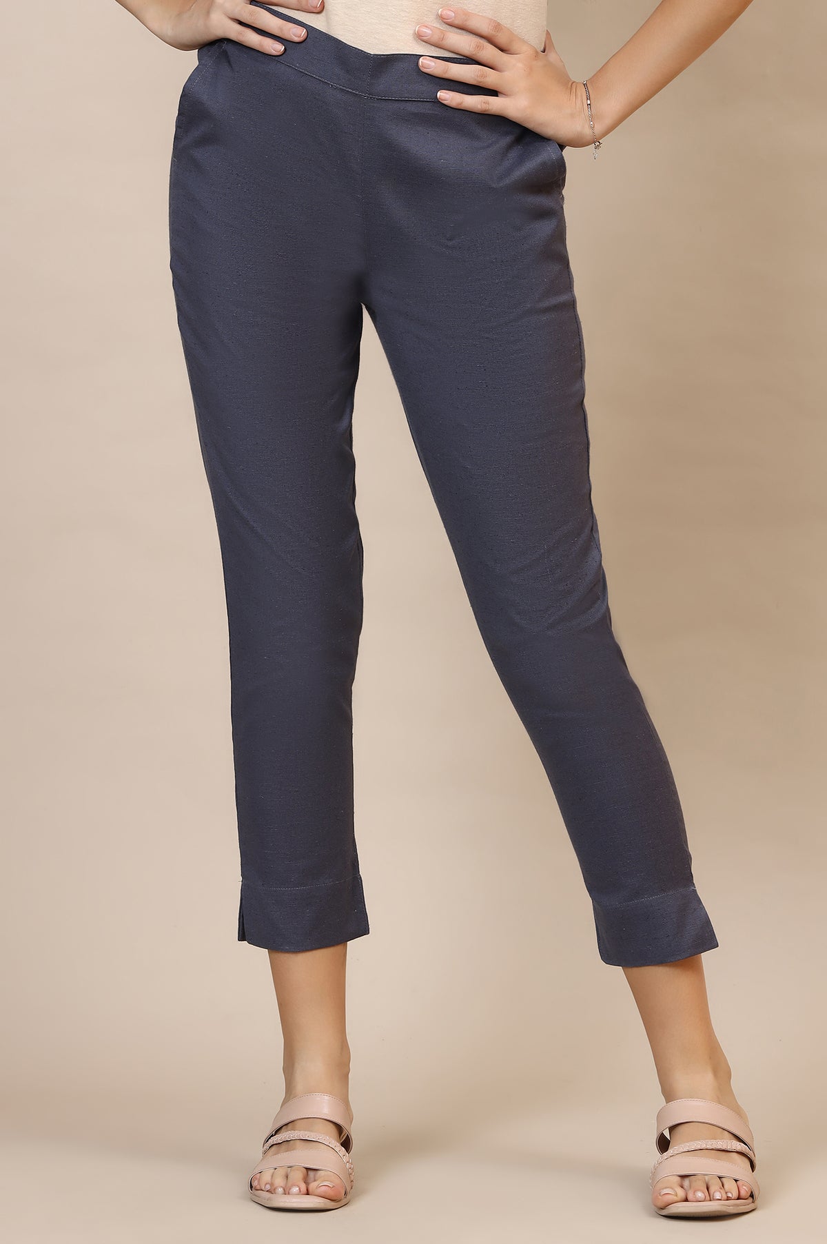 Elleven Women's Grey Solid Slim Fit Cotton Trousers With Elasticated Waist - XS