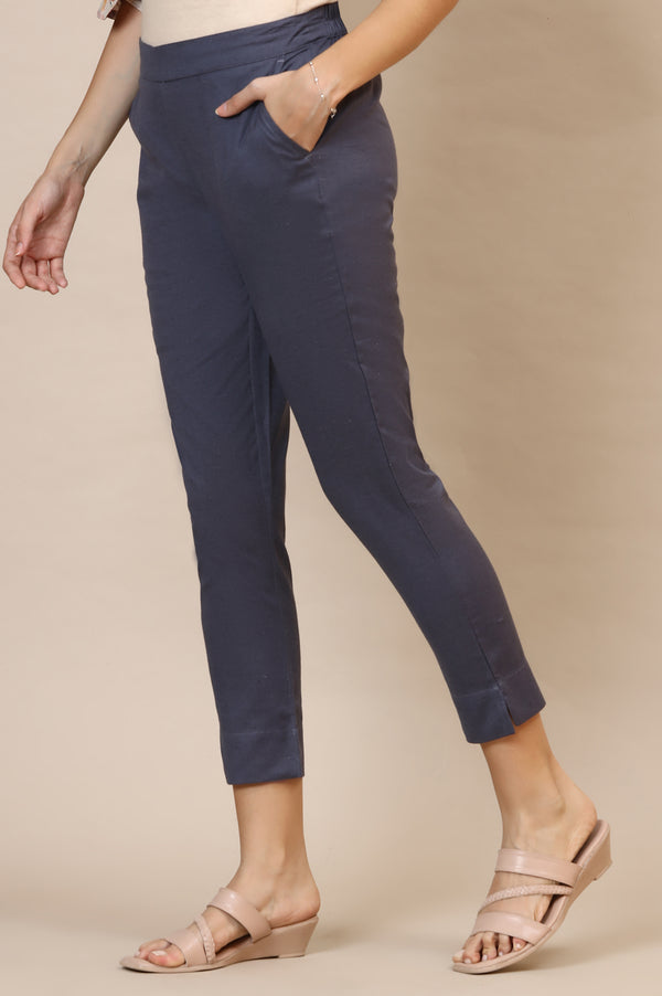 Elleven Women's Grey Solid Slim Fit Cotton Trousers With Elasticated Waist