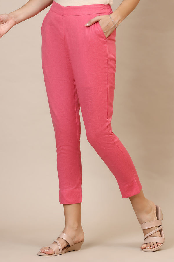 Elleven Women's Pink Solid Straight Fit Cotton Trousers With Elasticated Waist
