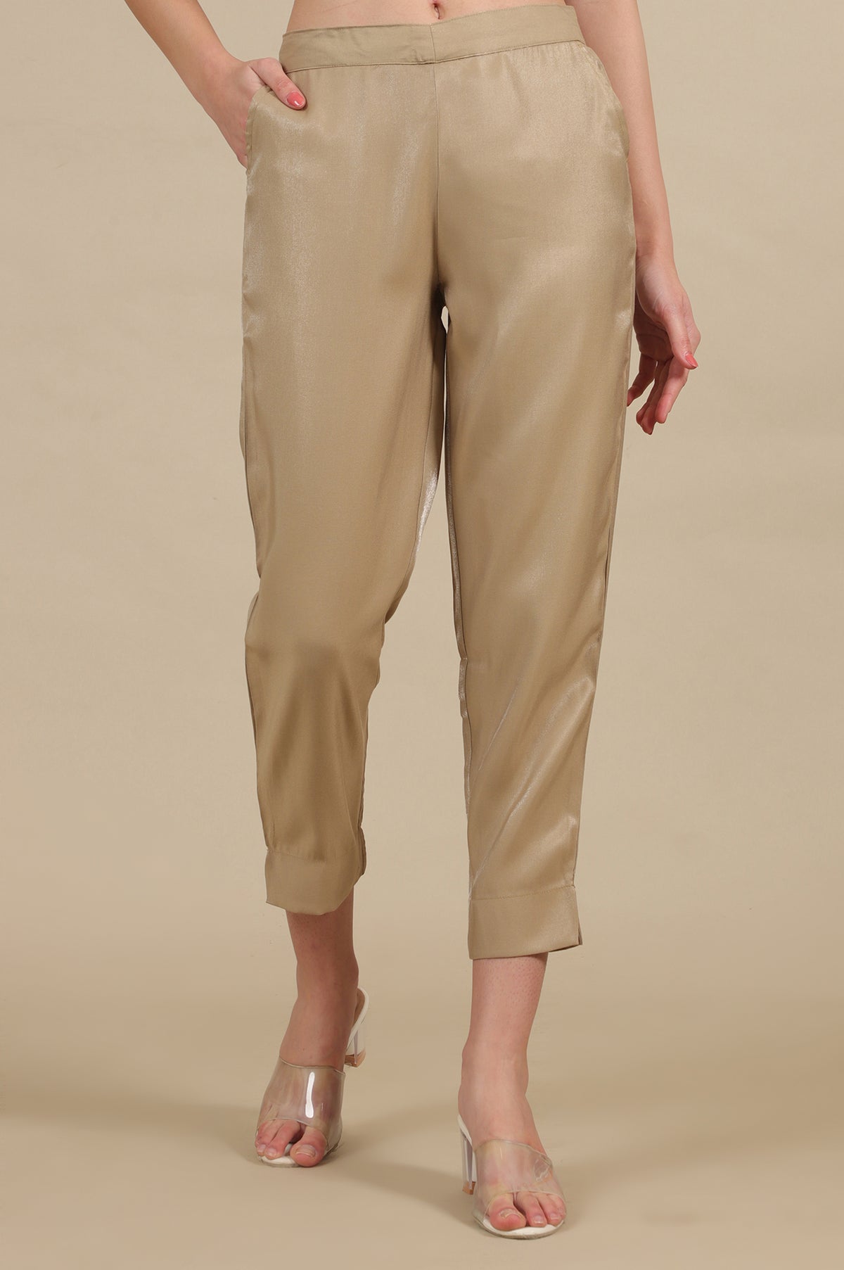 Elleven Women's Gold Solid Straight Fit Trousers With Elasticated Waist - XS