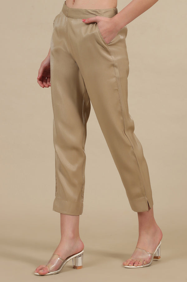 Elleven Women's Gold Solid Straight Fit Trousers With Elasticated Waist