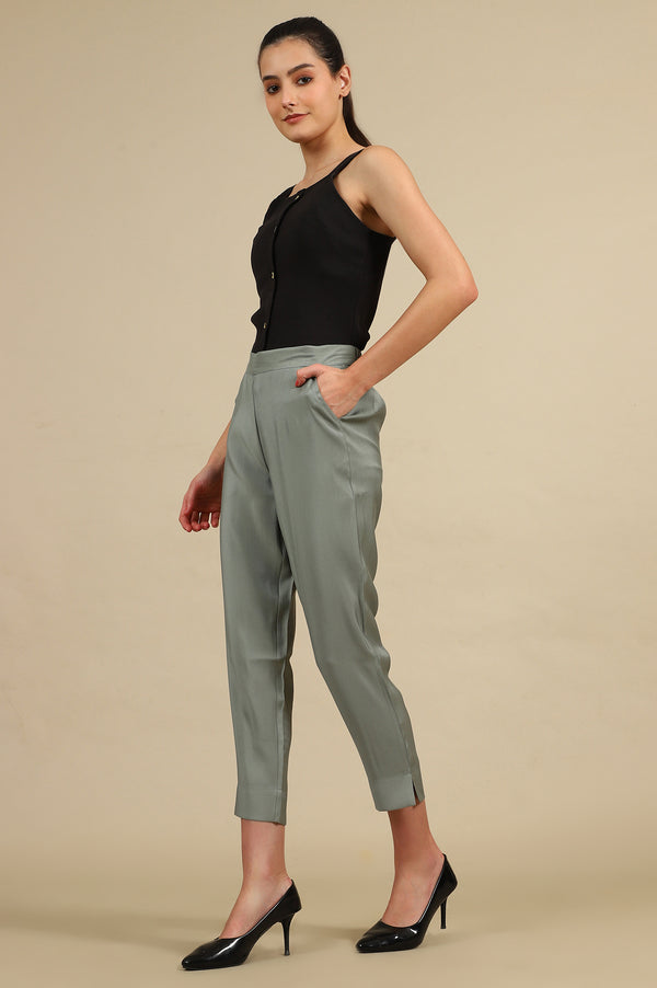 Elleven Women's Grey Solid Straight Fit Trousers With Elasticated Waist