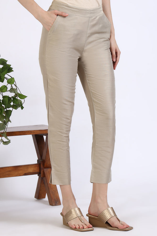 Elleven Women's Light Gold Solid Yarn Dyed Trousers