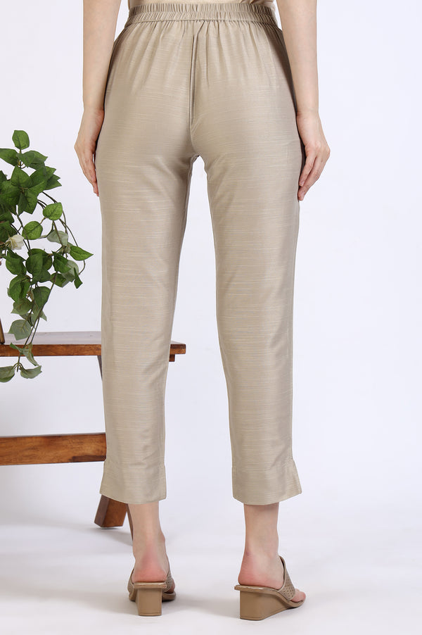 Elleven Women's Light Gold Solid Yarn Dyed Trousers