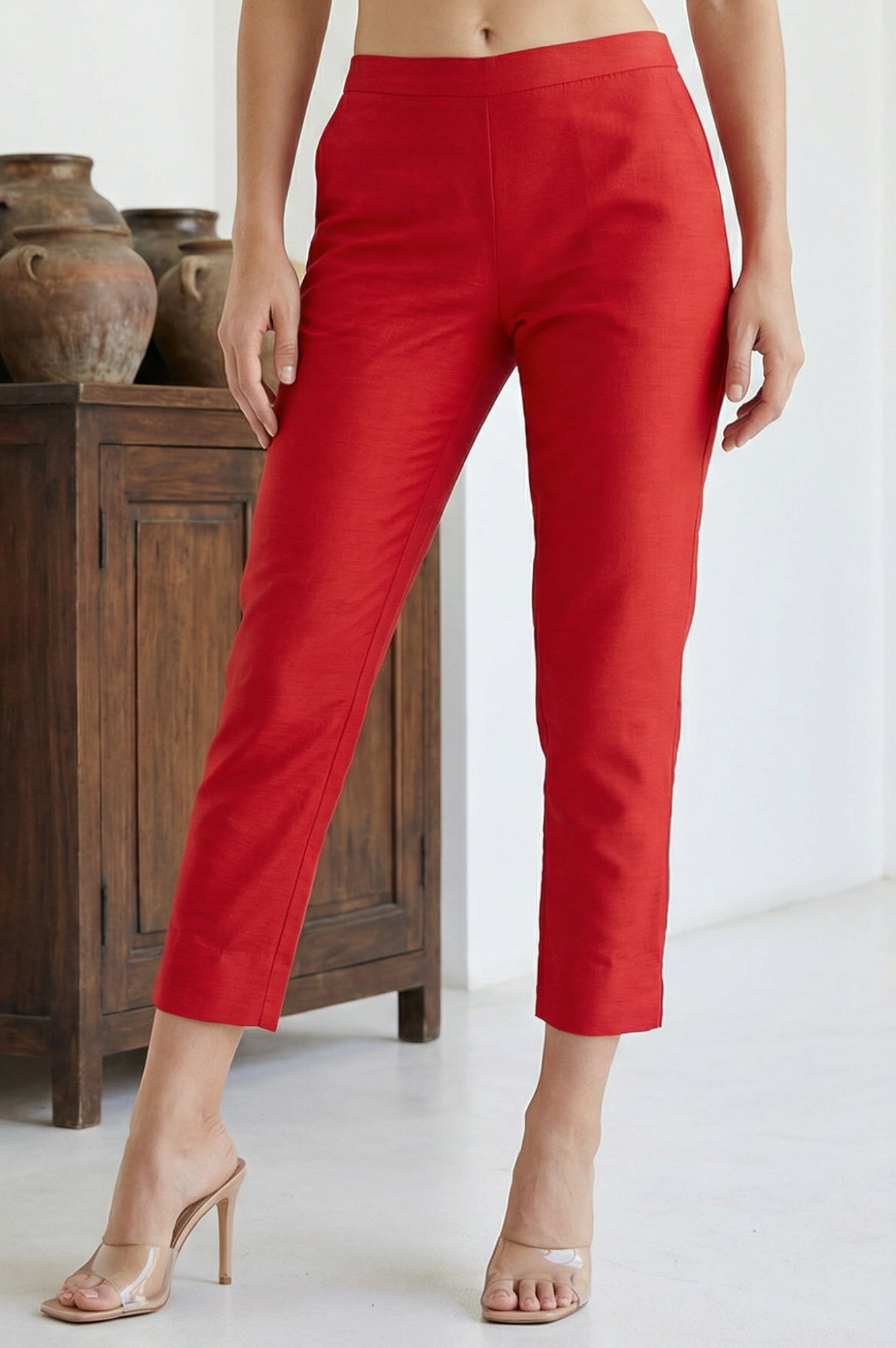 Buy Elleven Women's Red Solid Slim Fit Ankle Length Trousers Online for ...