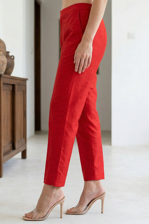Elleven Women's Red Solid Slim Fit Ankle Length Trousers