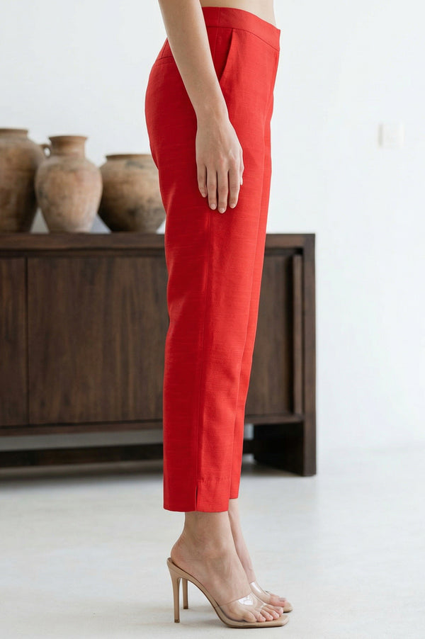 Elleven Women's Red Solid Slim Fit Ankle Length Trousers