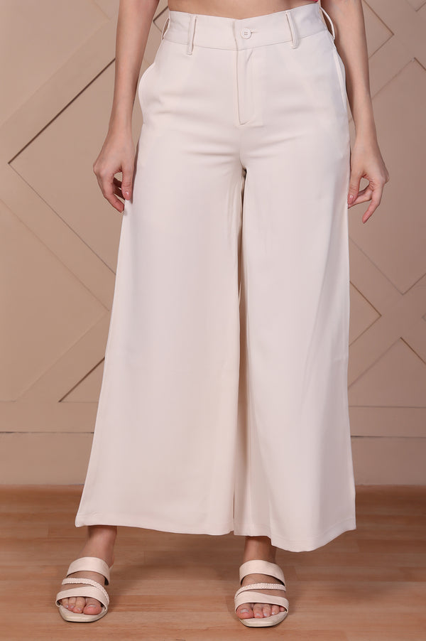 Elleven Women's Off-White Solid High Rise Ankle Length Wide Leg Boss Pants