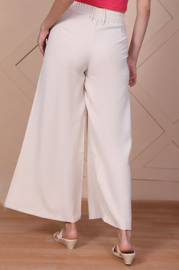 Elleven Women's Off-White Solid High Rise Ankle Length Wide Leg Boss Pants