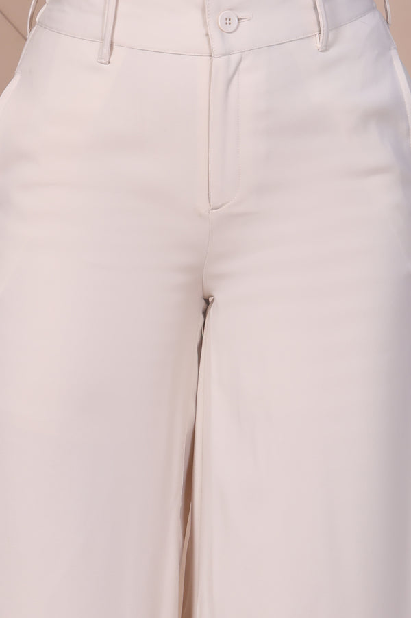 Elleven Women's Off-White Solid High Rise Ankle Length Wide Leg Boss Pants