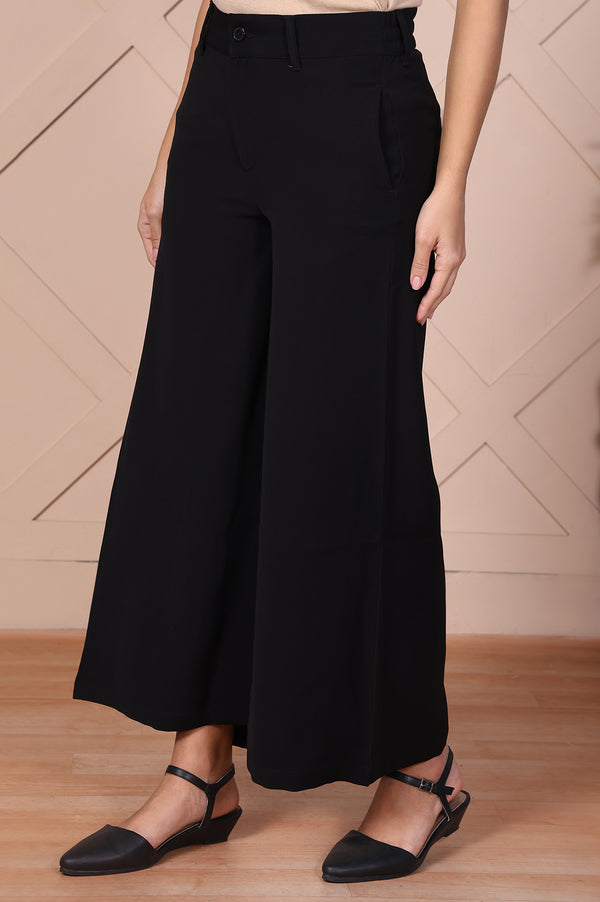 Elleven Women's Black Solid High Rise Ankle Length Wide Leg Boss Pants