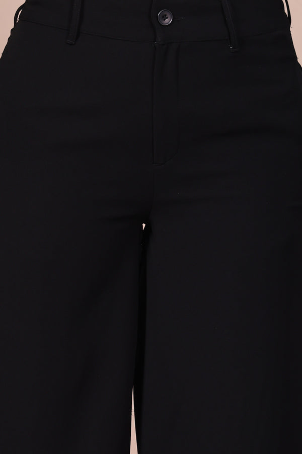 Elleven Women's Black Solid High Rise Ankle Length Wide Leg Boss Pants