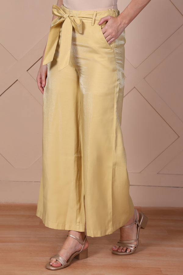 Elleven Women's Yellow Solid High Rise Floor Length Relaxed Fit Pants