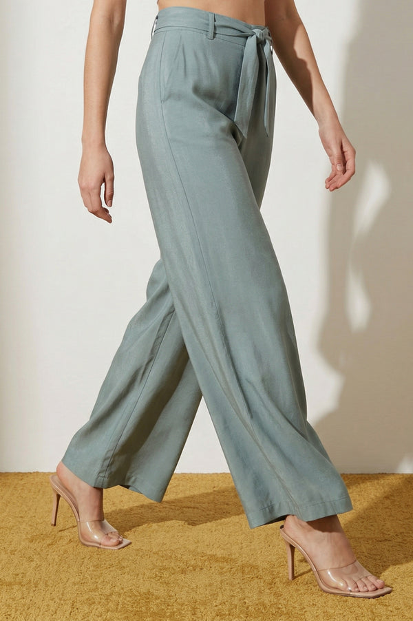 Elleven Women's Slate Grey Yarn Dyed Solid Rayon Wide Leg High Rise Trousers