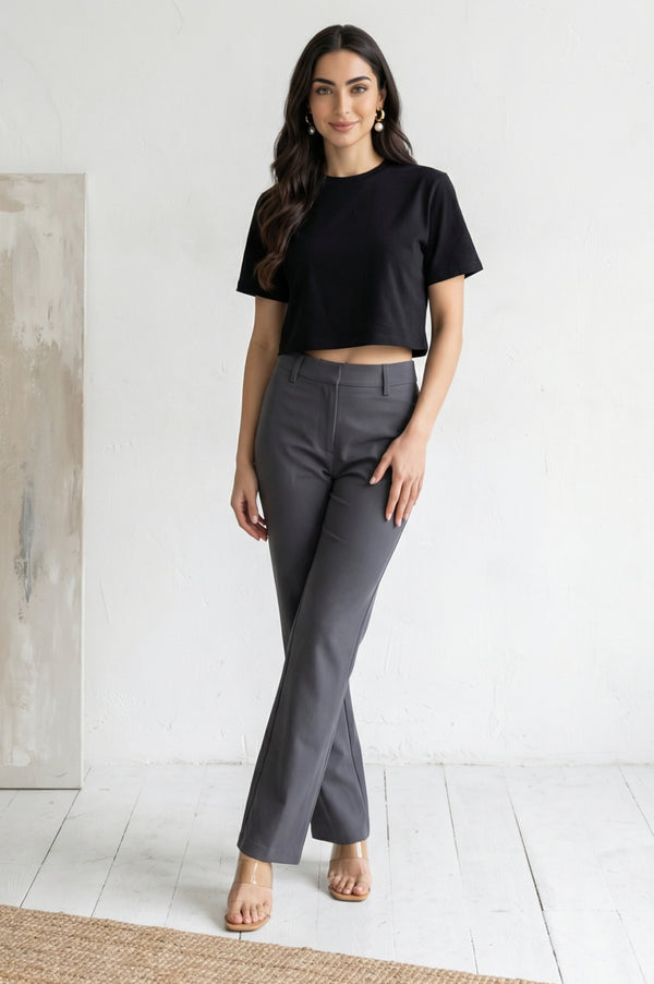 Elleven Women's Charcoal Solid Straight Fit Ankle Length Trousers