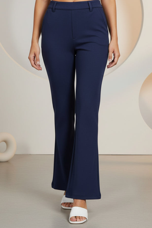 Elleven Women's Navy Blue Solid Ankle Length Mid Rise Pants