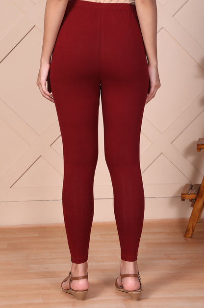 Maroon Solid Ankle-Length Cotton Leggings