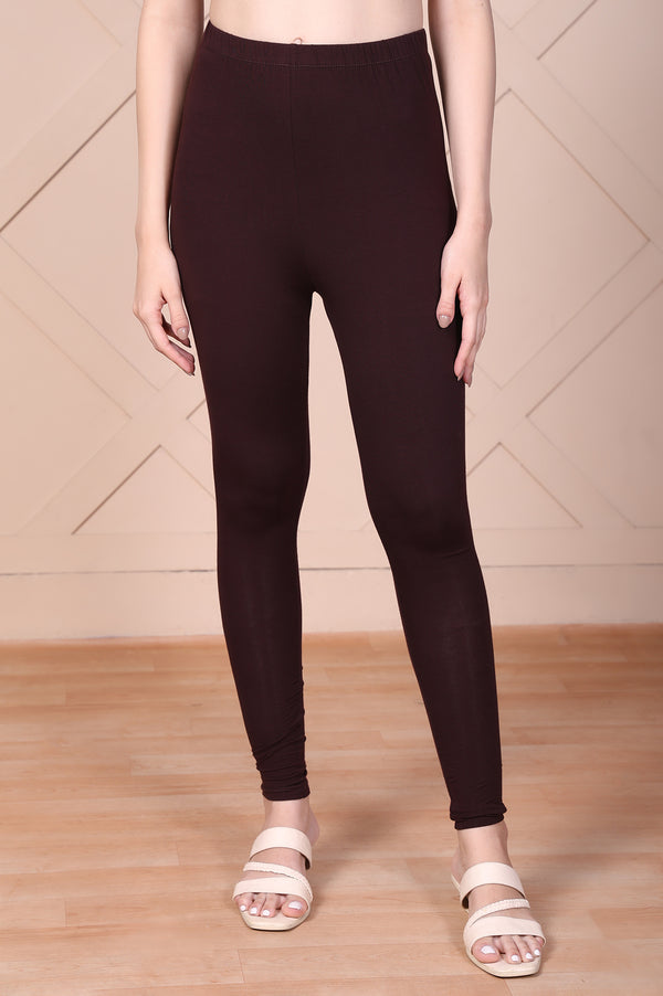 Elleven Women's Maroon Solid Cotton Blend Skinny Fit Tights