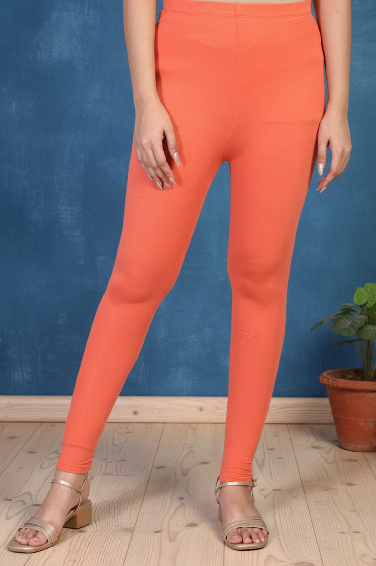 Elleven Women's Orange Solid Ankle Length Cotton Tight - FS