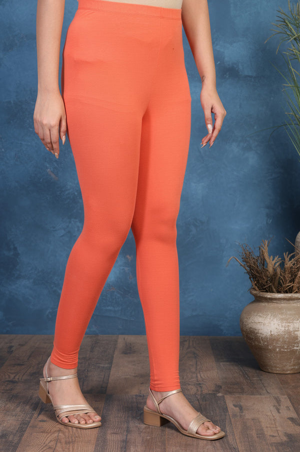 Elleven Women's Orange Solid Ankle Length Cotton Tight