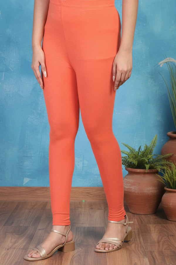 Elleven Women's Orange Solid Ankle Length Cotton Tight