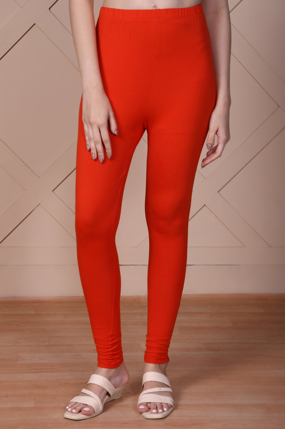Elleven Women's Bright Red Solid Ankle-Length Cotton Tights - FS