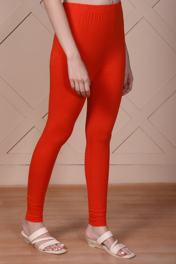Elleven Women's Bright Red Solid Ankle-Length Cotton Tights
