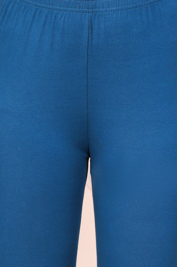 Blue Solid Ankle-Length Cotton Leggings