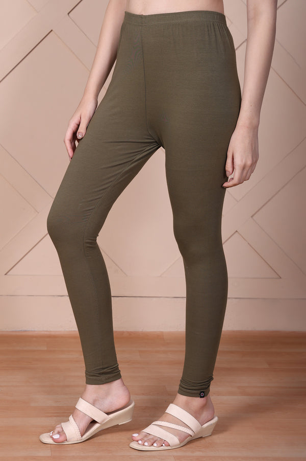 Elleven Women's Olive Green Skinny Fit Ankle Length Cotton Tights