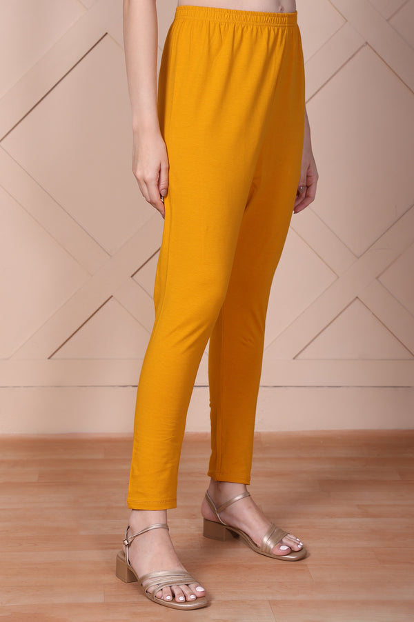 Elleven Women's Mustard Solid High-Waisted Cotton Tights