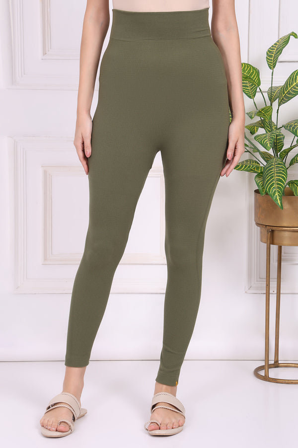 Elleven Women's Green Textured Skinny Fit Tights