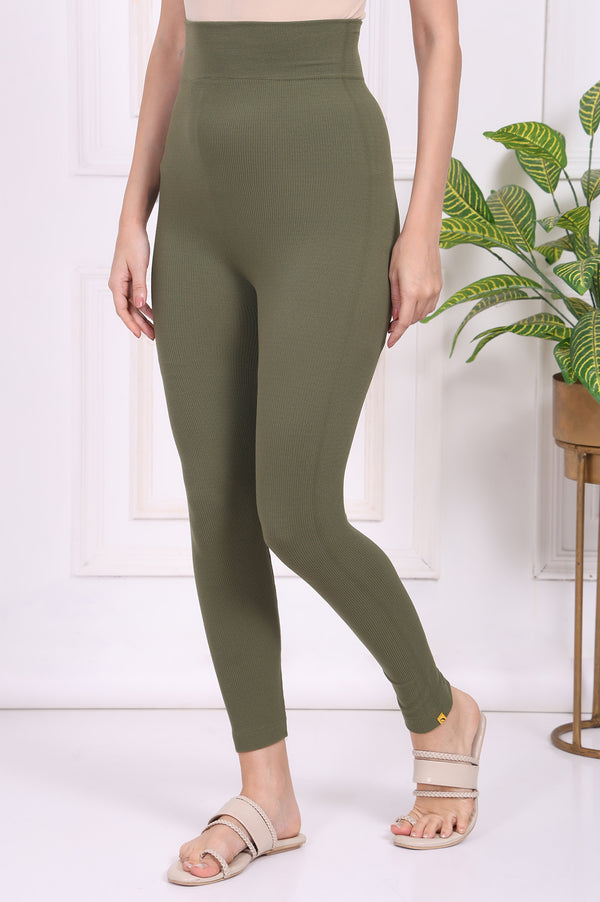 Elleven Women's Green Textured Skinny Fit Tights