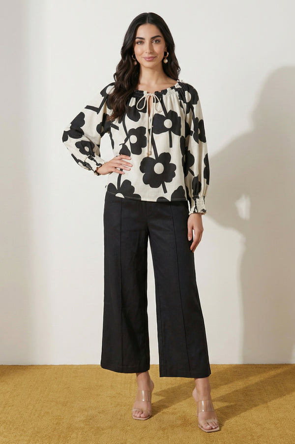 Elleven Women's Black Solid Rayon Wide Leg Ankle Length Trousers
