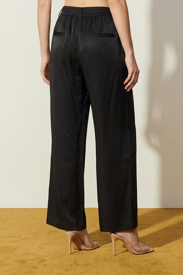 Elleven Women's Black Solid Rayon Wide Leg Ankle Length Trousers