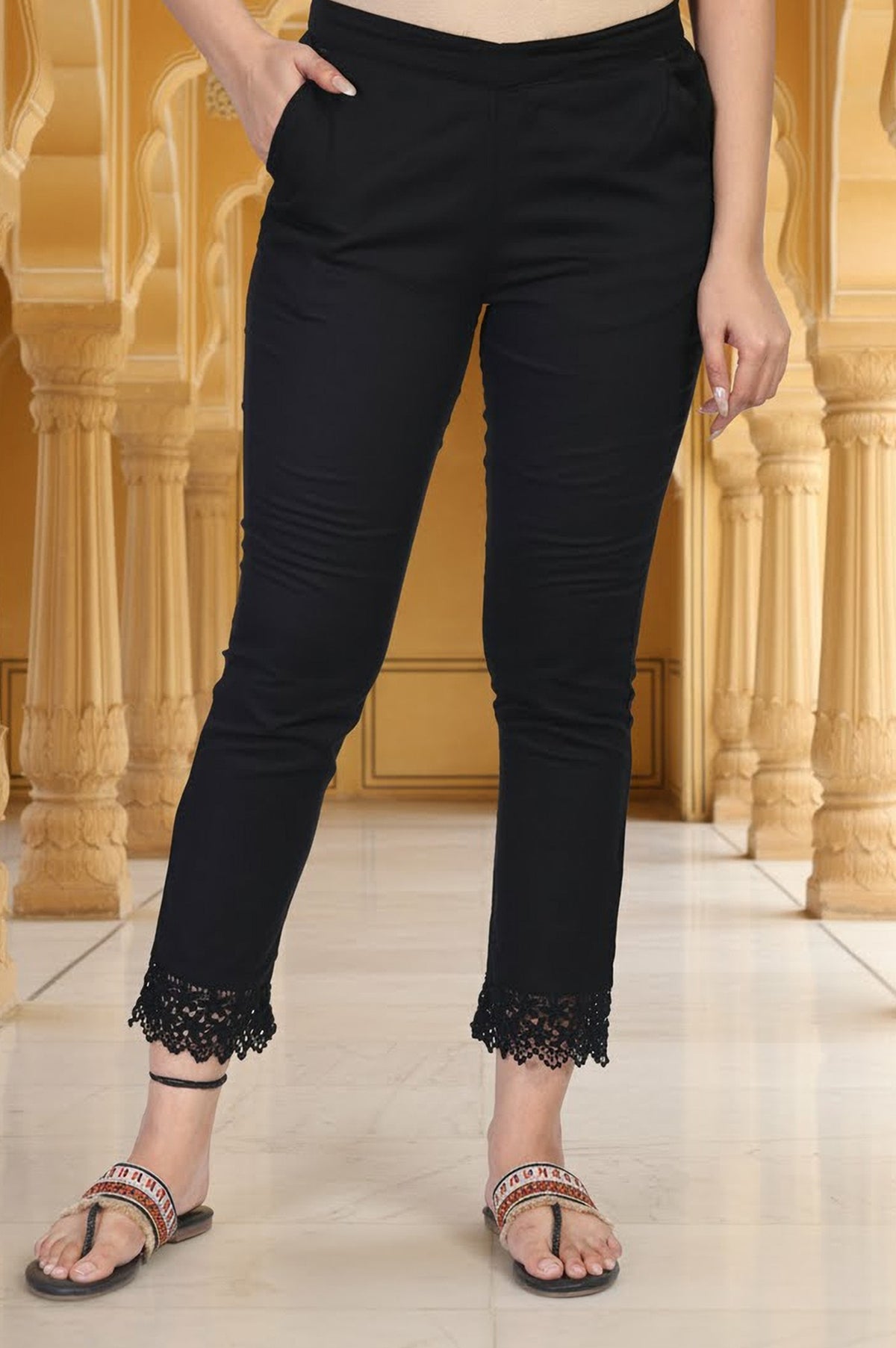 Elleven Women's Black Solid Lace Trim Tapered Cotton Pant - S