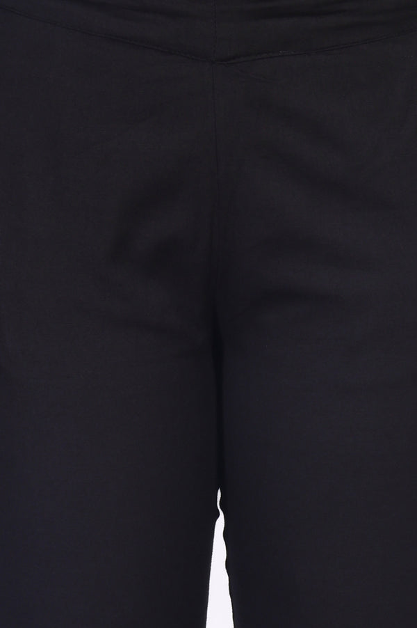 Elleven Women's Black Solid Lace Trim Tapered Cotton Pant