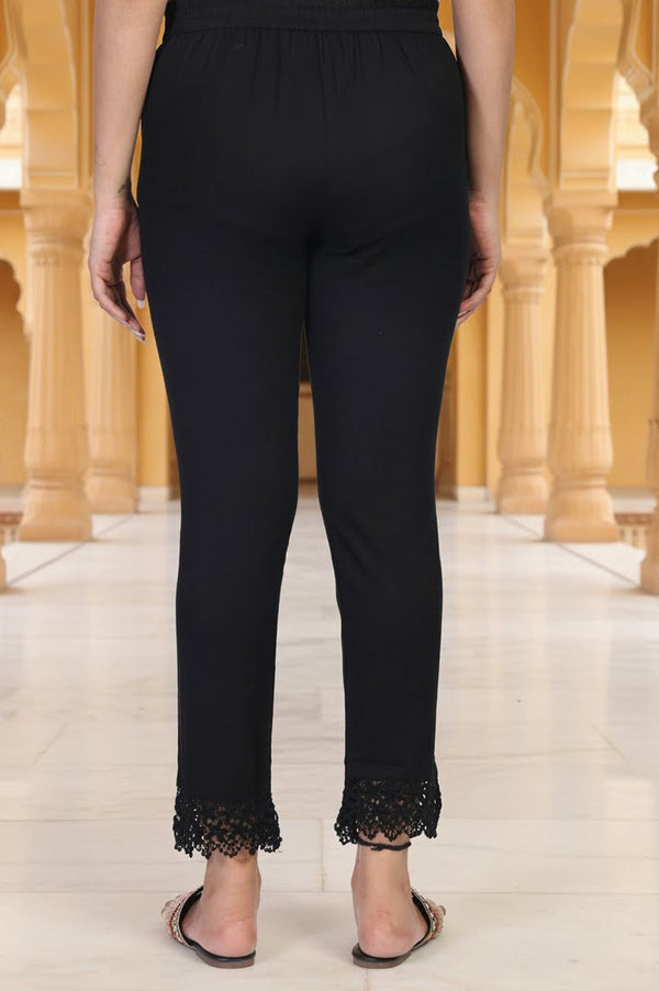Elleven Women's Black Solid Lace Trim Tapered Cotton Pant