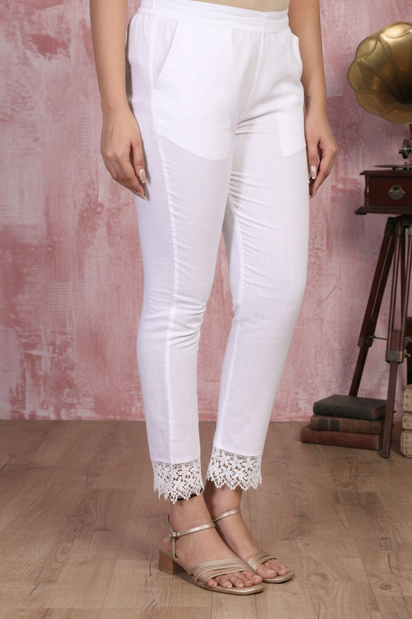 Elleven Women's White Lace Trim Slim-Fit Cotton Pant