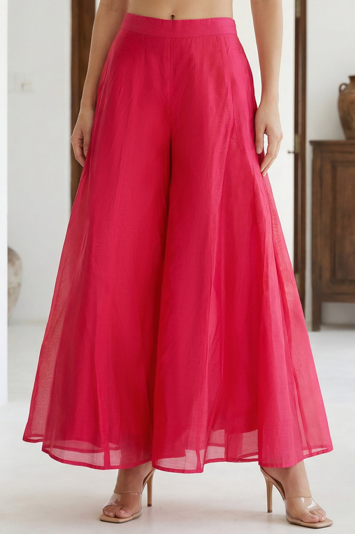 Elleven Women's Fuchsia Solid Chanderi Wide Leg Flared Ankle Length Culottes - M