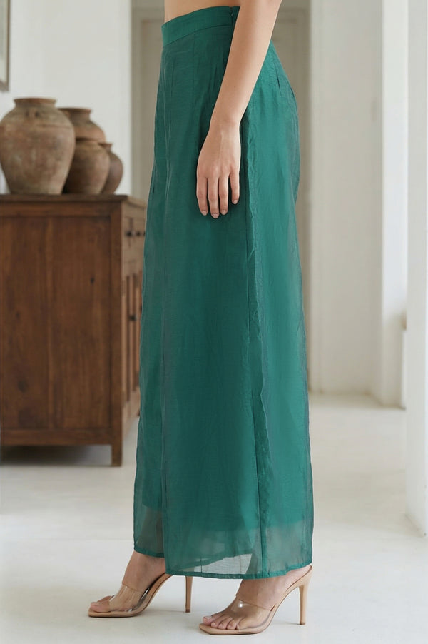 Elleven Women's Green Solid Chanderi Wide Leg Flared Ankle Length Culottes