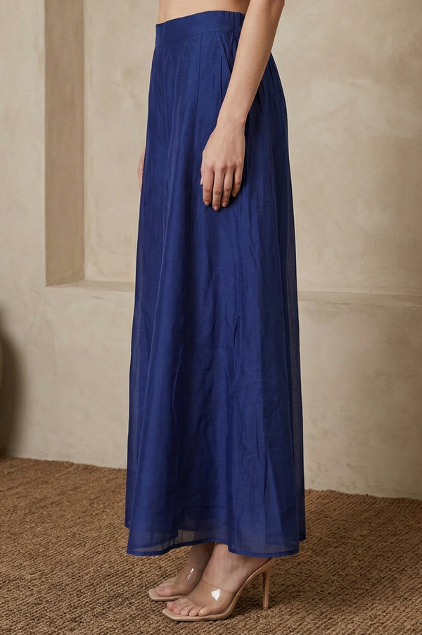 Elleven Women's Navy Blue Solid Chanderi Flared Ankle Length Cullotes