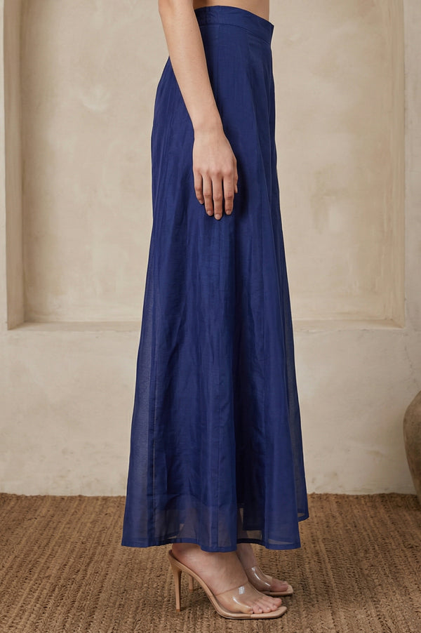 Elleven Women's Navy Blue Solid Chanderi Flared Ankle Length Cullotes