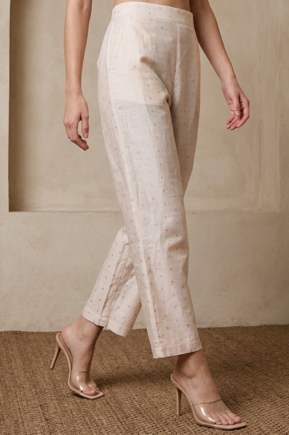 Elleven Women's Cream Solid Chanderi Ankle Length Straight Pants - XL