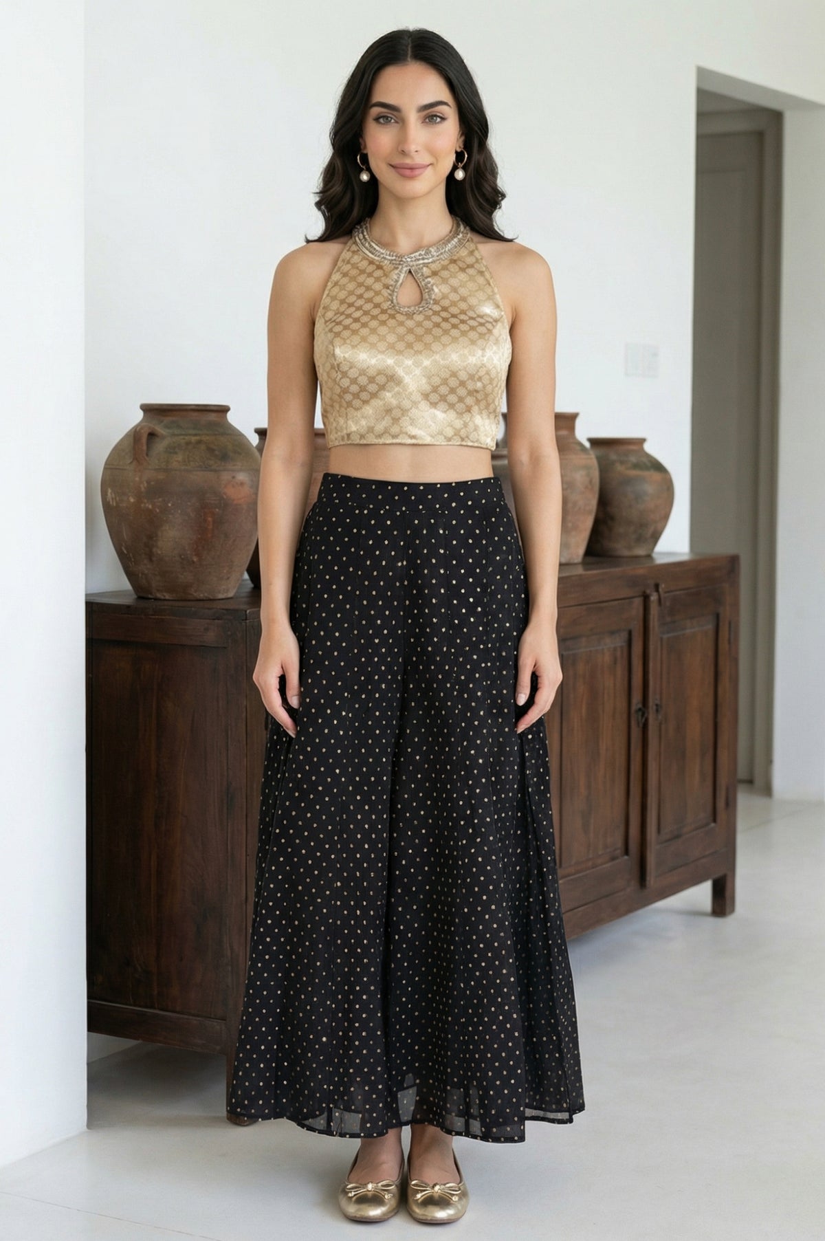 Elleven Women's Black Solid Chanderi Wide Leg Ankle Length Culottes - XS