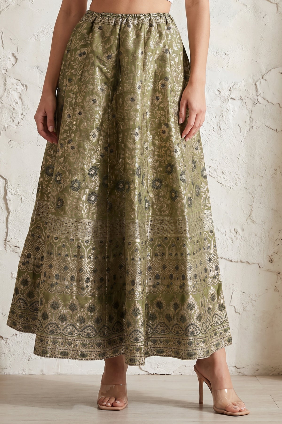 Olive Yarn Dyed Jacquard Flared Long Skirt test