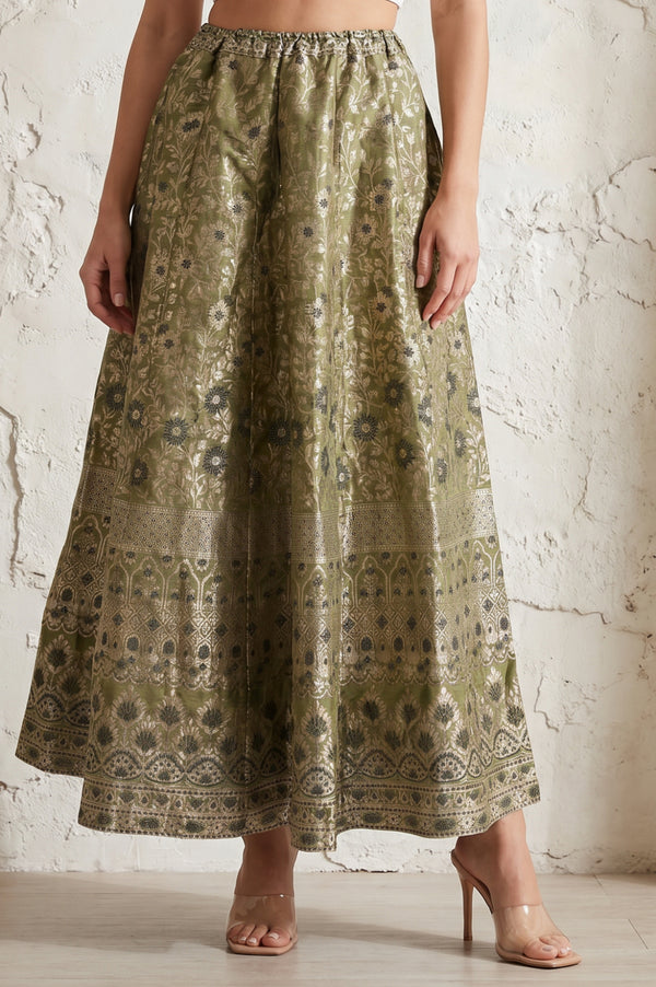 Olive Yarn Dyed Jacquard Flared Long Skirt test