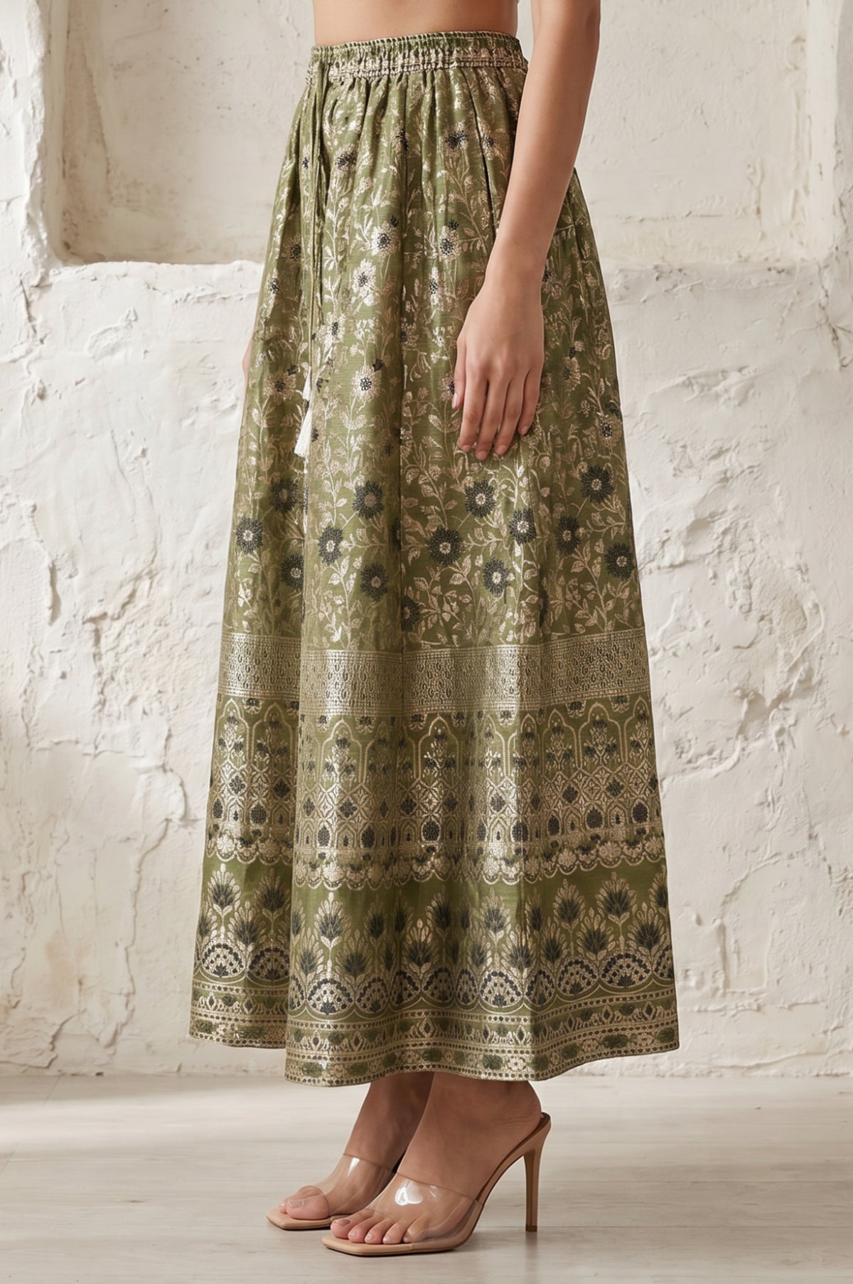 Olive Yarn Dyed Jacquard Flared Long Skirt test