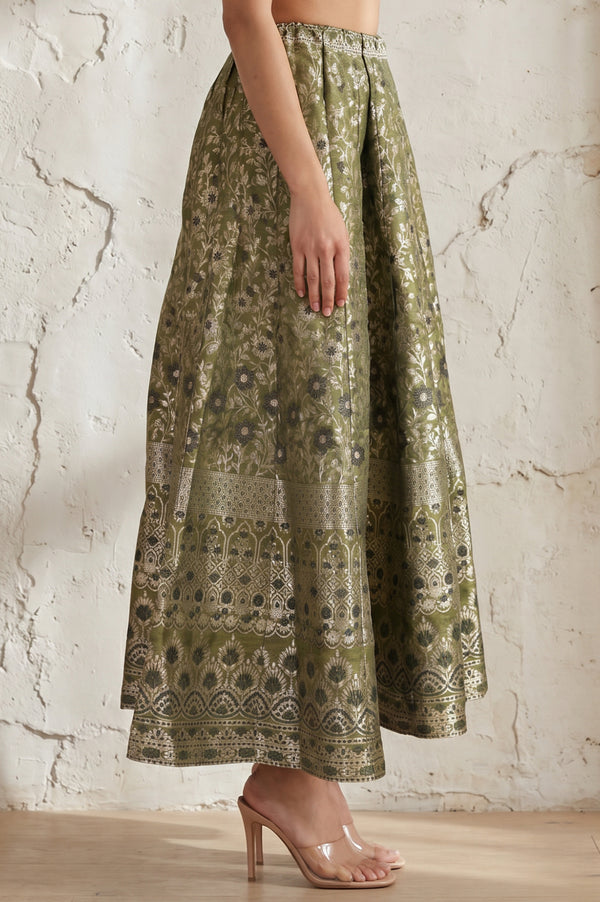 Olive Yarn Dyed Jacquard Flared Long Skirt test