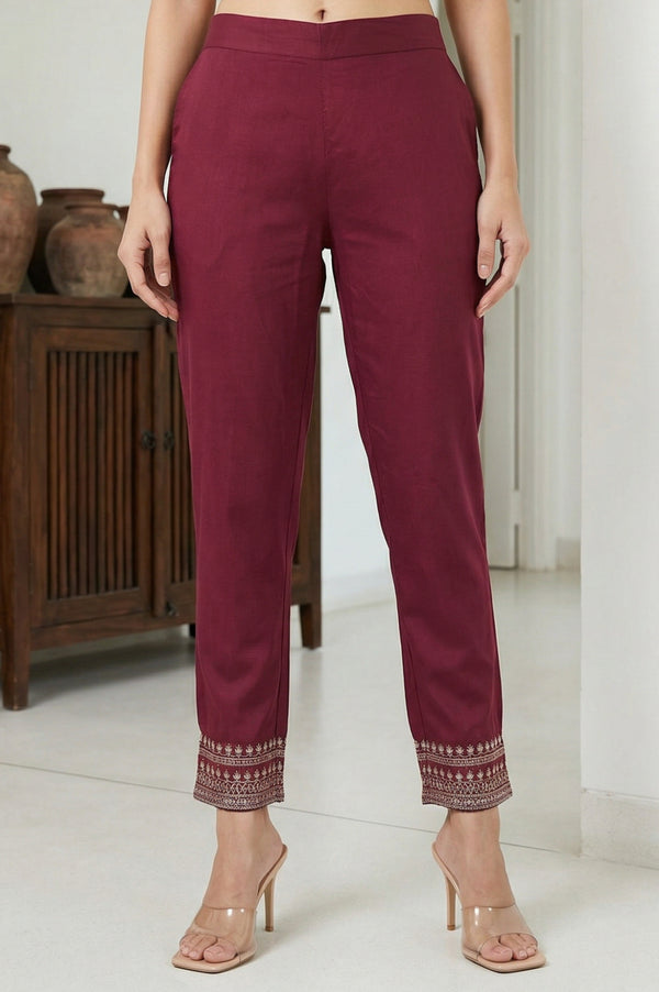 Elleven Women's Burgundy Ethnic Motifs Foil Printed Ankle Length Tapered Trousers