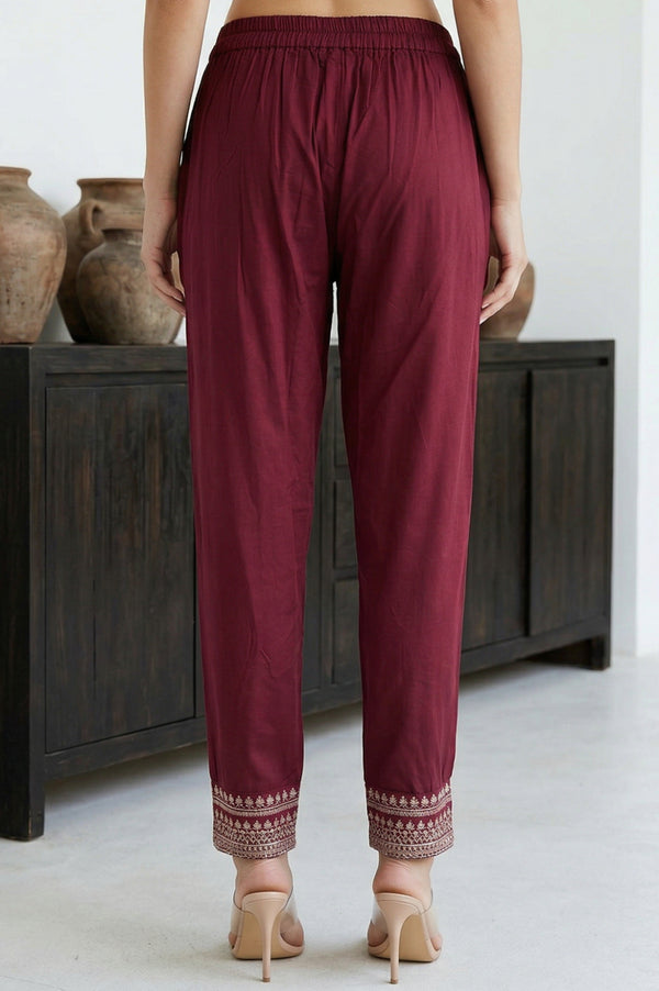 Elleven Women's Burgundy Ethnic Motifs Foil Printed Ankle Length Tapered Trousers